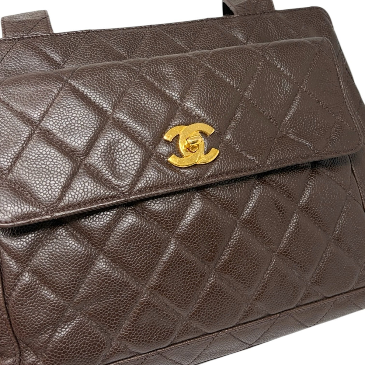 CHANEL Vintage CC Turnlock Quilted Front Pocket Shoulder Tote Bag Brown 902920