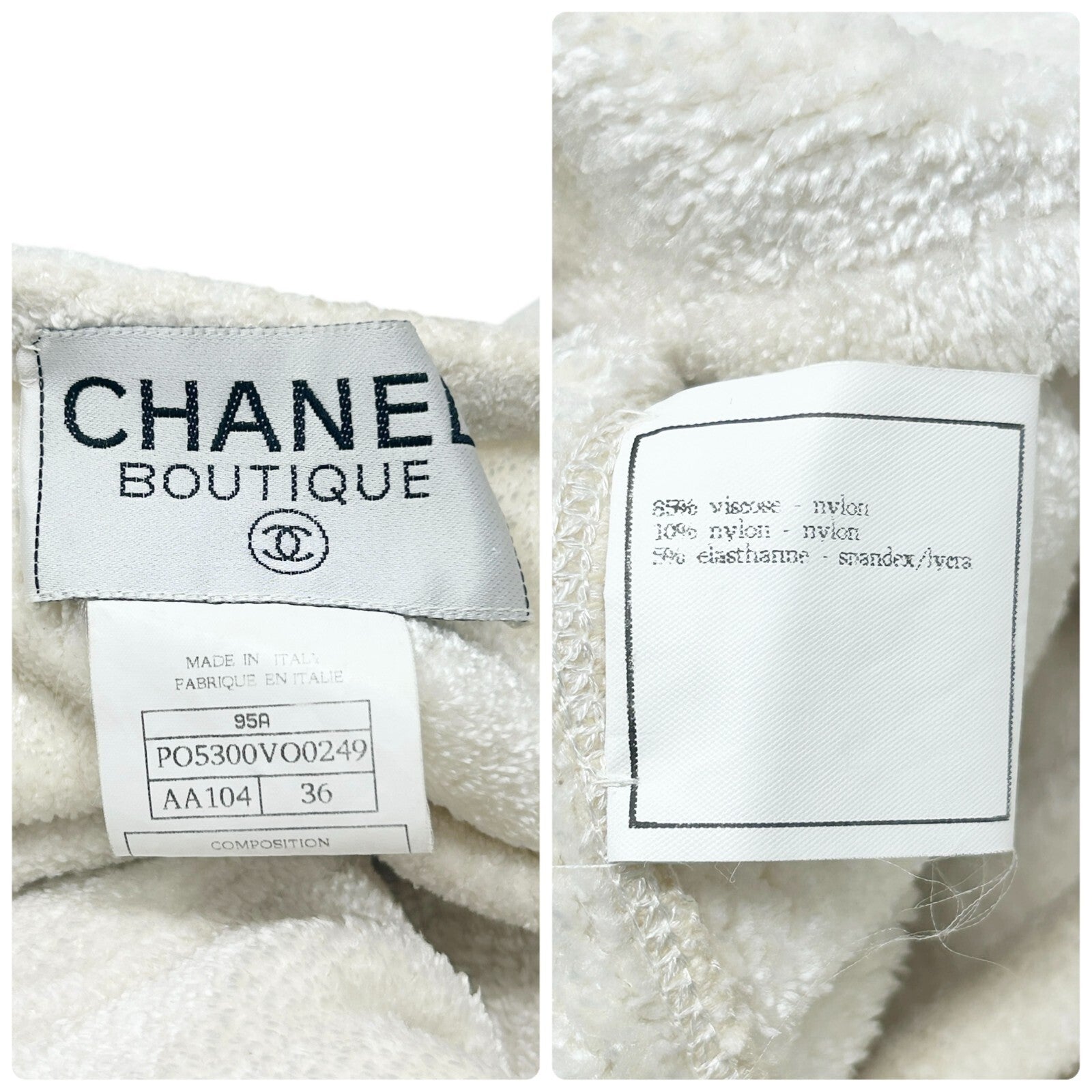 CHANEL Vintage 95A CC Mark Logo Velour Jacket #36 White Gold Viscose Cardigan