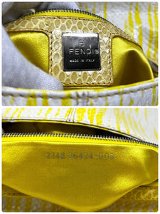 FENDI Vintage FF Logo Mamma Baguette Shoulder Bag Yellow White Leather Rank AB