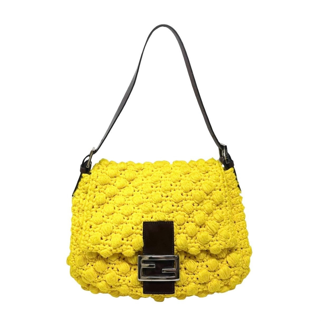 FENDI Vintage Logo Mamma Baguette Knit Shoulder Bag Yellow Brown 901876