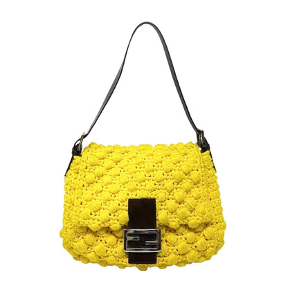 FENDI Vintage Logo Mamma Baguette Knit Shoulder Bag Yellow Brown 901876