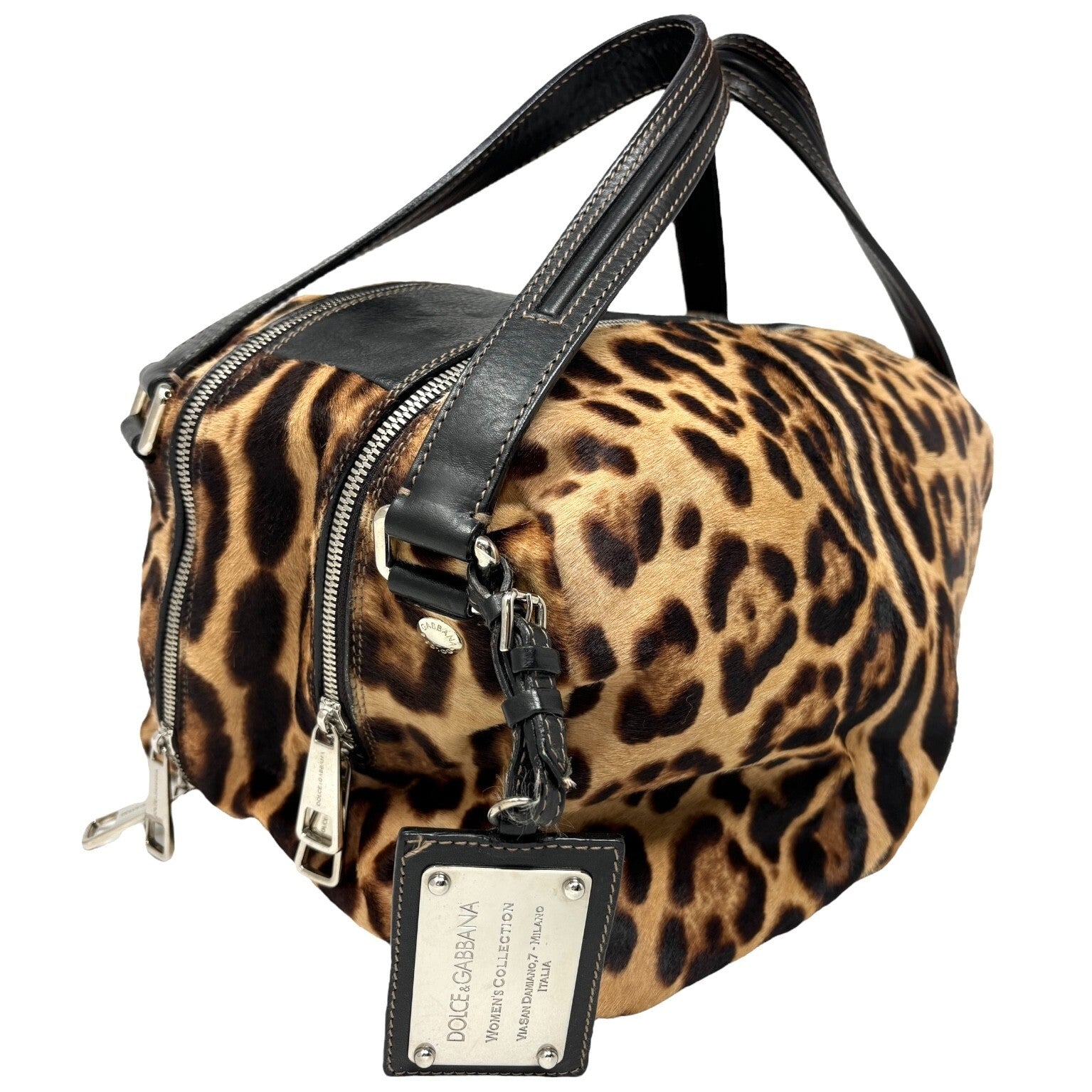 DOLCE&GABBANA Vintage DG Logo Leopard Tote Bag Brown Black Calf Hair Leather