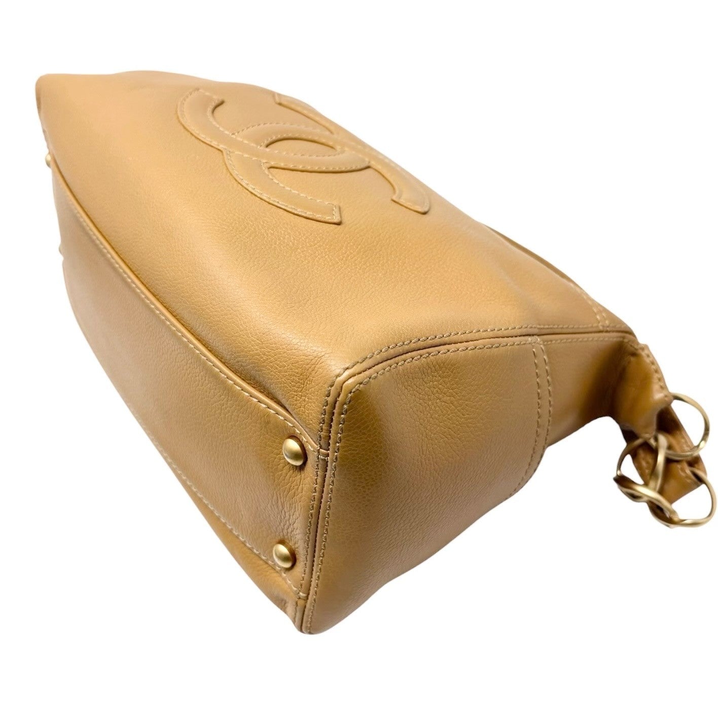 CHANEL Vintage Big CC Logo Leather Shoulder Hobo Bag Beige Gold Stitch Chain