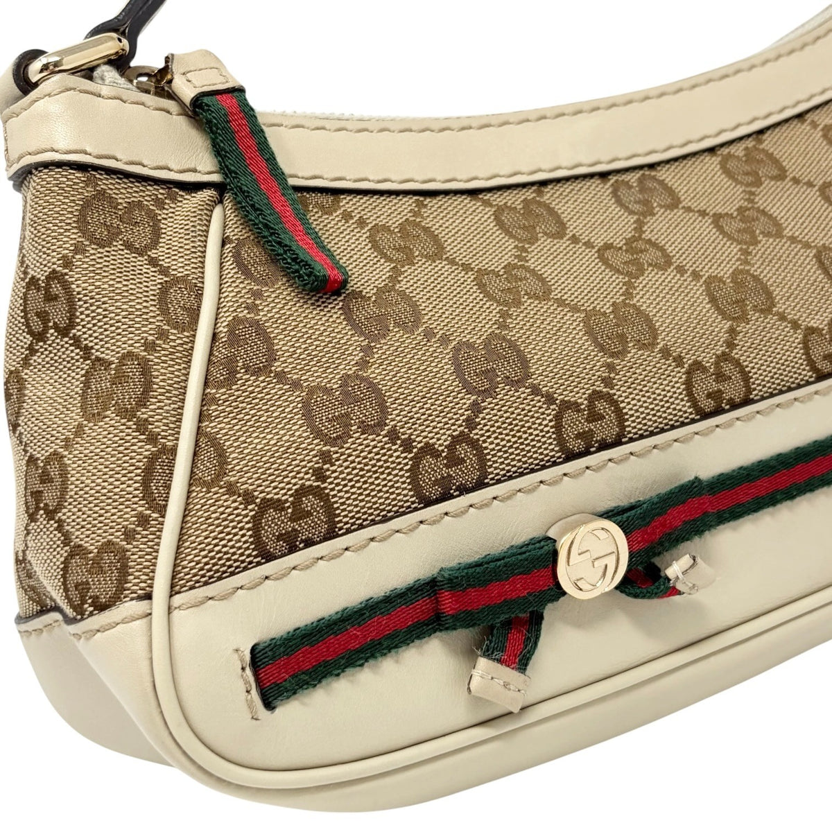 GUCCI Vintage GG Monogram Web Stripe Canvas Shoulder Bag Beige Ribbon 902487