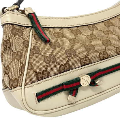 GUCCI Vintage GG Monogram Web Stripe Canvas Shoulder Bag Beige Ribbon 902487