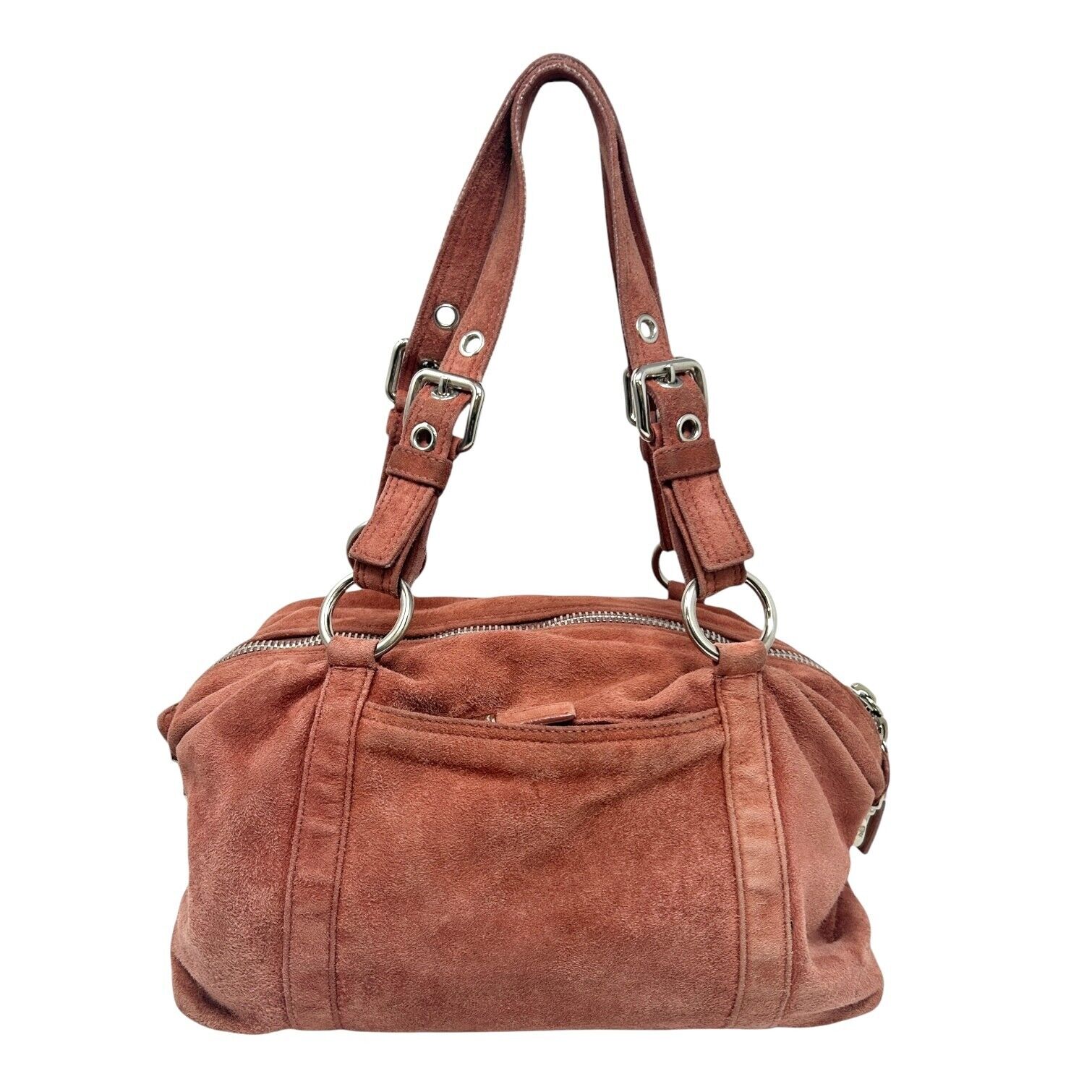 PRADA Vintage Logo Shoulder Bag Tote Red Brown Silver Handbag Suede Zip