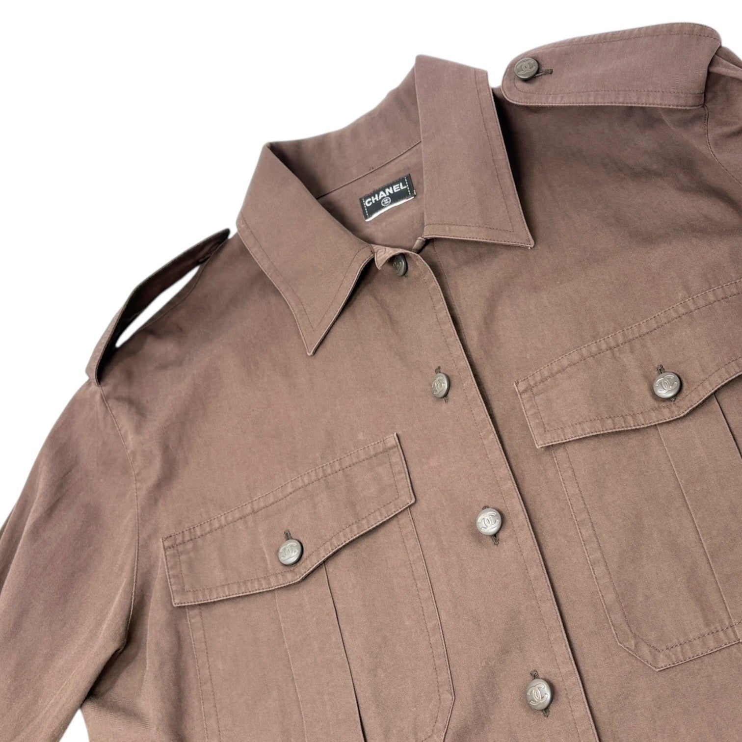 CHANEL Vintage CC Logo Button Up Military Long Sleeve Shirt Brown Cotton