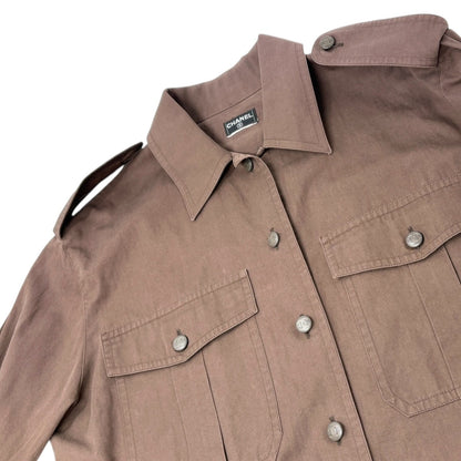 CHANEL Vintage CC Logo Button Up Military Long Sleeve Shirt Brown Cotton