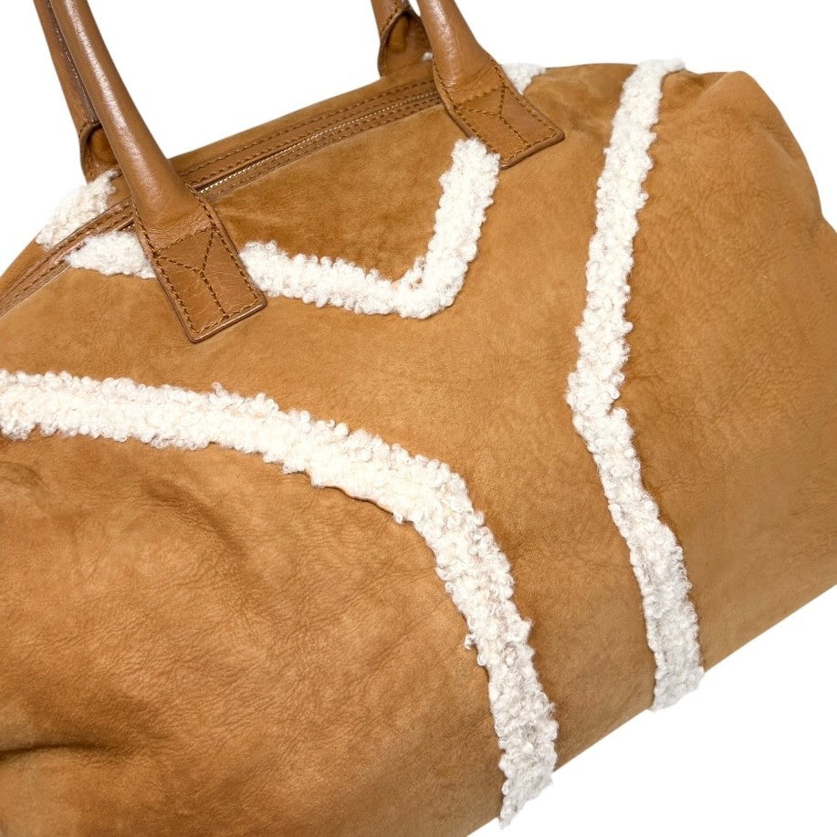 Yves Saint Laurent Vintage YSL Logo Boa Boston Bag Brown Cream Suede 902808