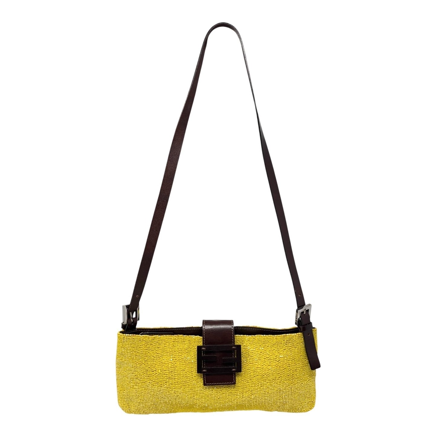 FENDI Vintage FF Logo Beads Mamma Baguette Crossbody Shoulder Bag Yellow Brown