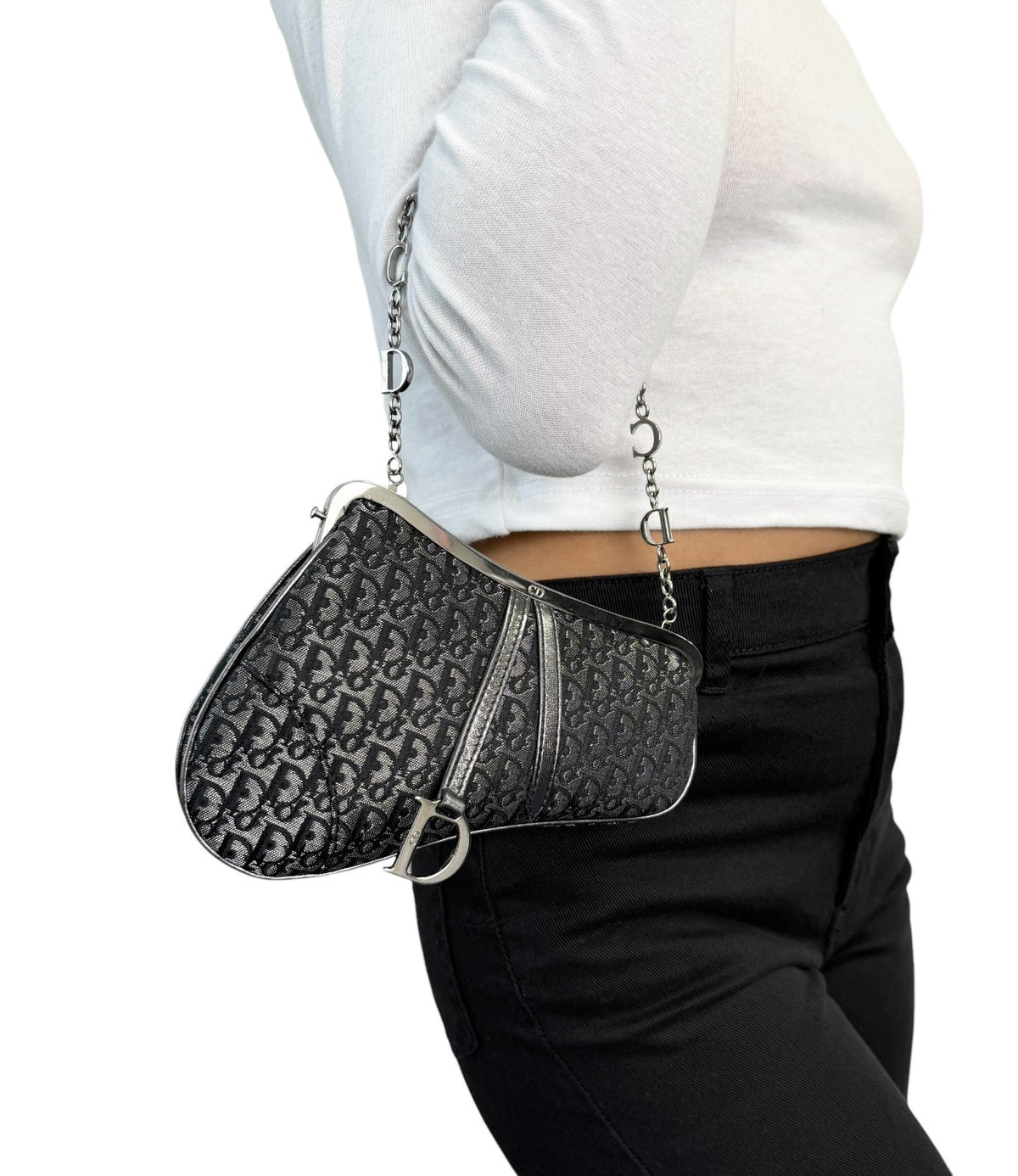 Christian Dior Vintage 2003 Trotter Monogram Chain Mini Saddle Bag Black 902379