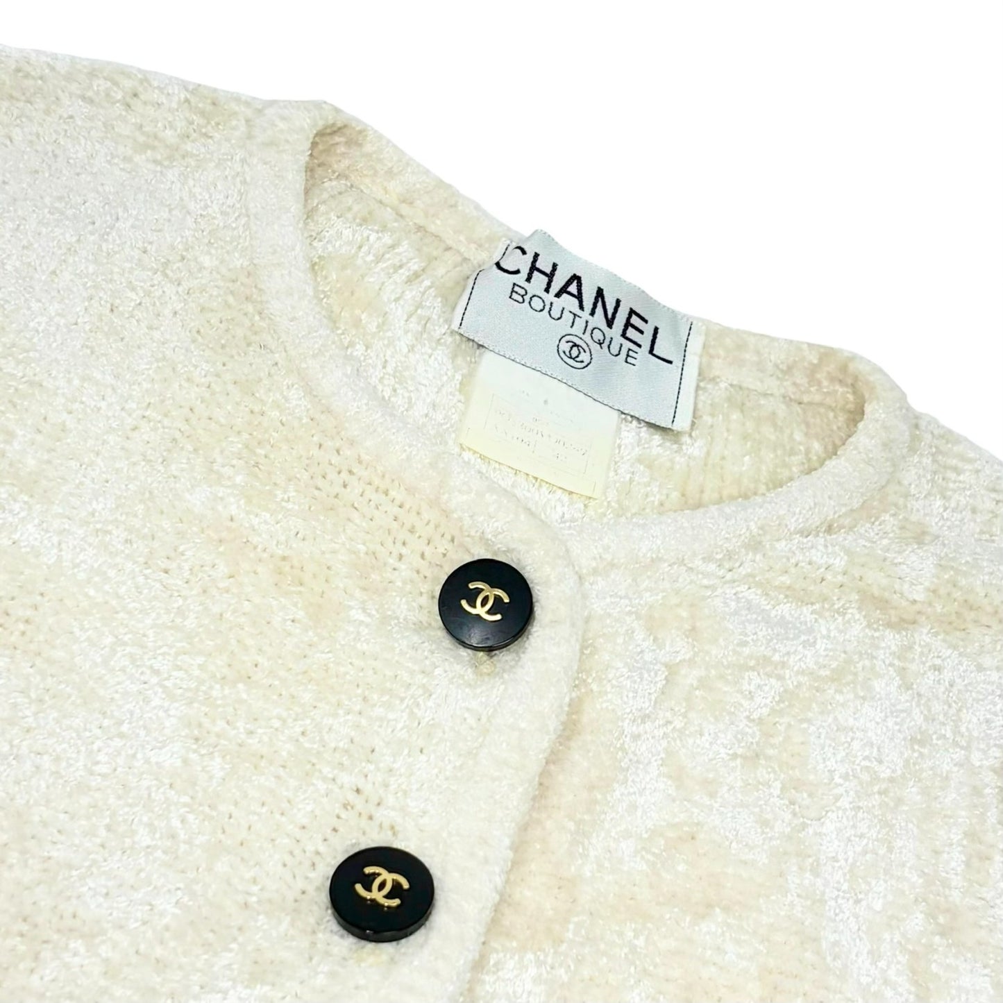 CHANEL Vintage 95A CC Logo Button Velour Cardigan Jacket #42 Cream 902020