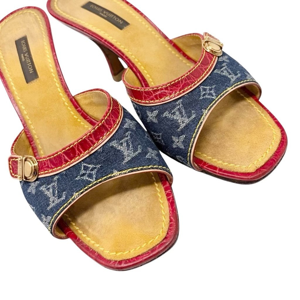 LOUIS VUITTON Vintage Monogram Denim Sandals Heels #36 Blue Red Beige 902029