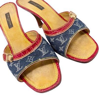 LOUIS VUITTON Vintage Monogram Denim Sandals Heels #36 Blue Red Beige 902029