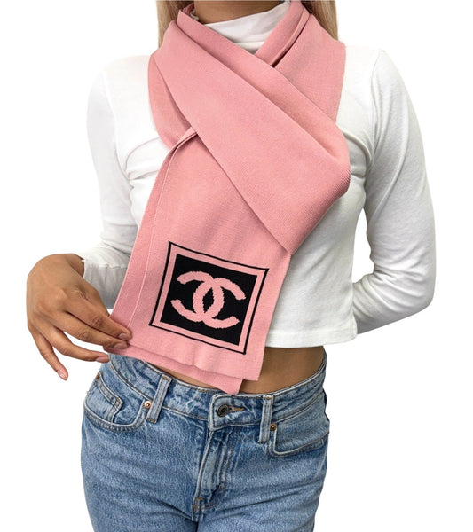 CHANEL Sport Vintage CC Logo Knit Scarf Stole Pink Black Cotton 902918
