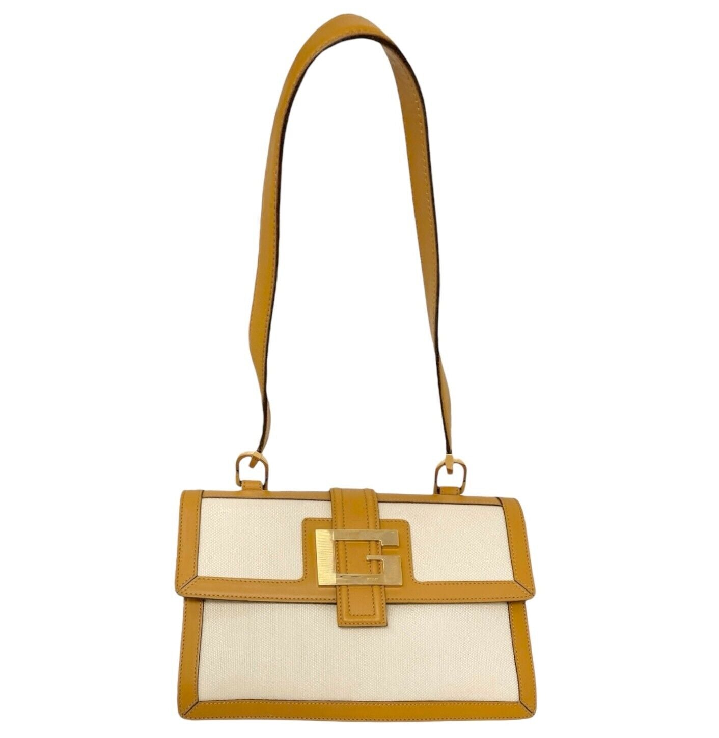 GUCCI Vintage G Square Logo Shoulder Bag Cream Camel Gold Canvas Leather