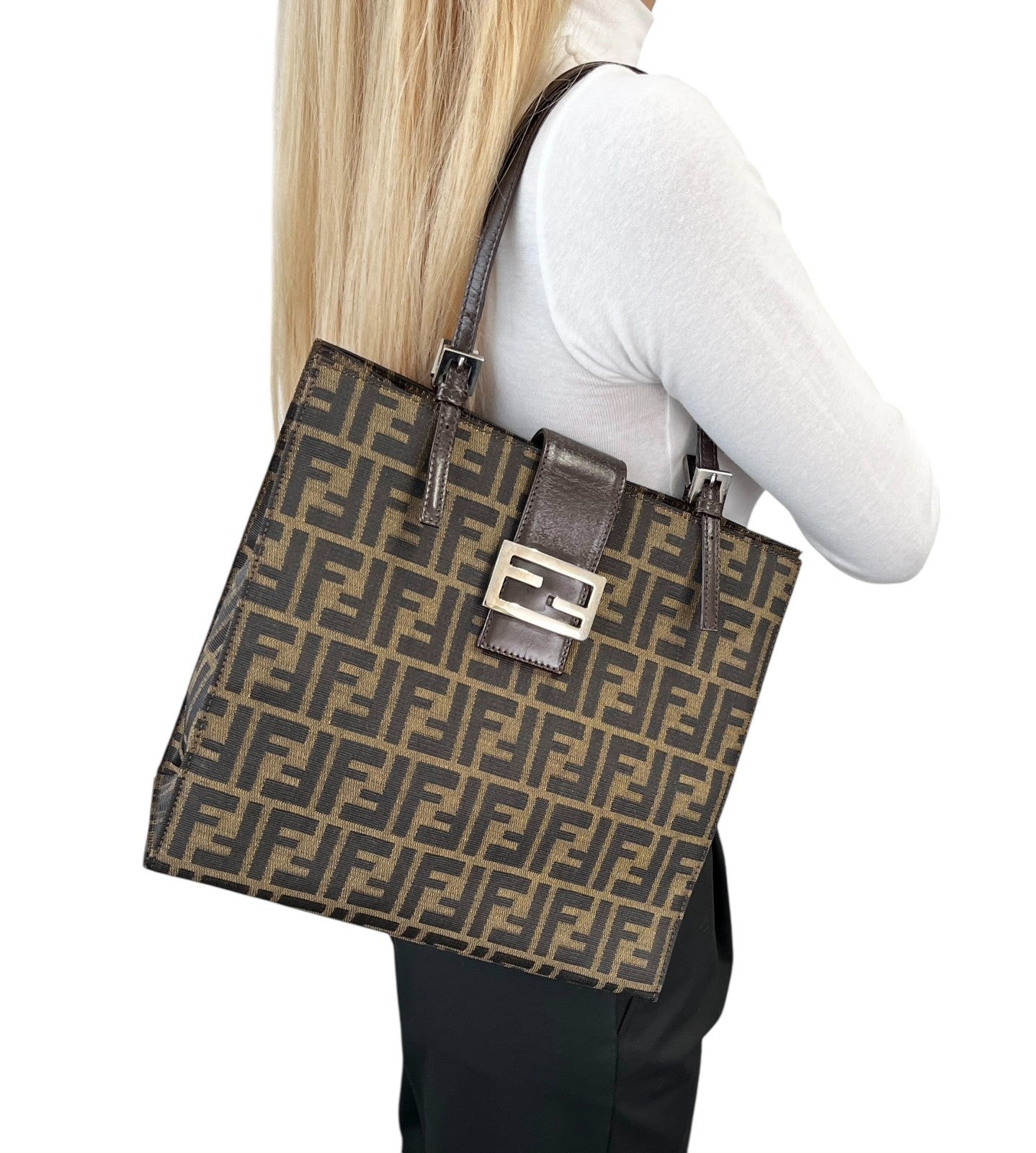 Fendi Vintage Zucca Canvas Tote Shoulder Bag Brown FF Logo Monogram Leather