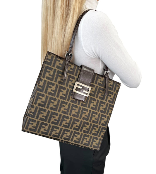 Fendi Vintage Zucca Canvas Tote Shoulder Bag Brown FF Logo Monogram Leather