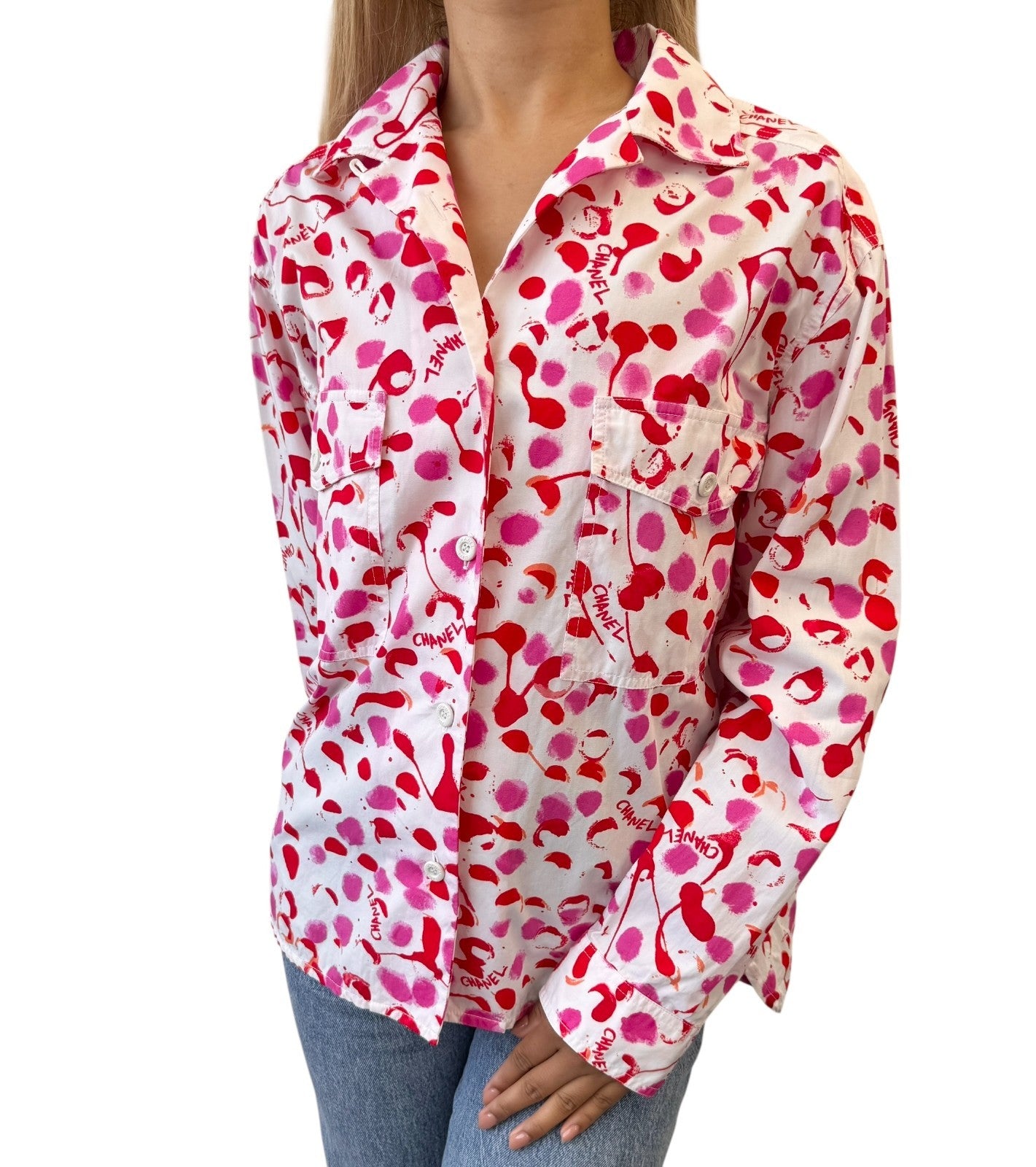 CHANEL Vintage PO6048 CC Logo Button Up Shirt Blouse Top #38 White Pink Cotton