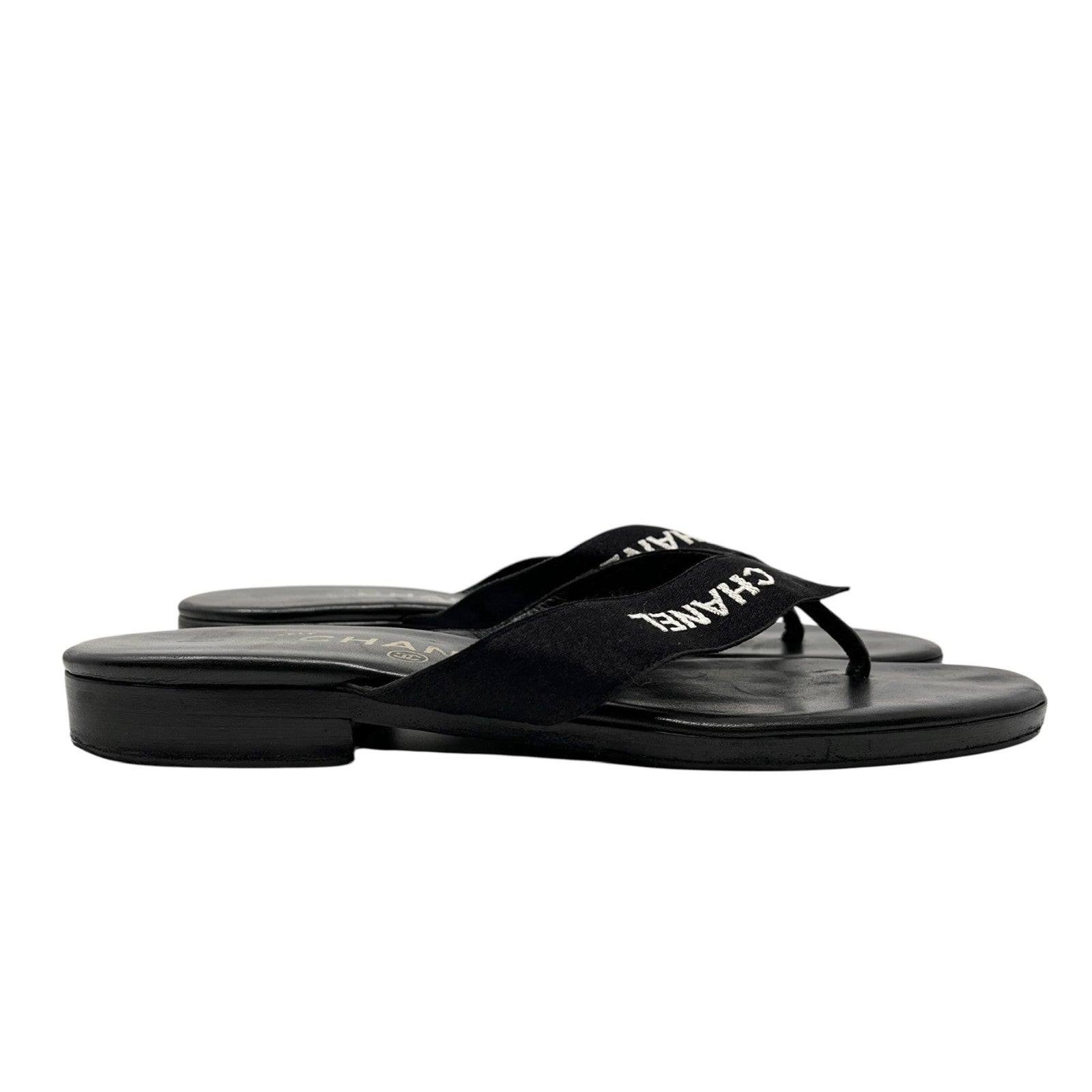 CHANEL Vintage CC Mark Logo Flip-Flops Sandals #37 Flat Black Leather Satin