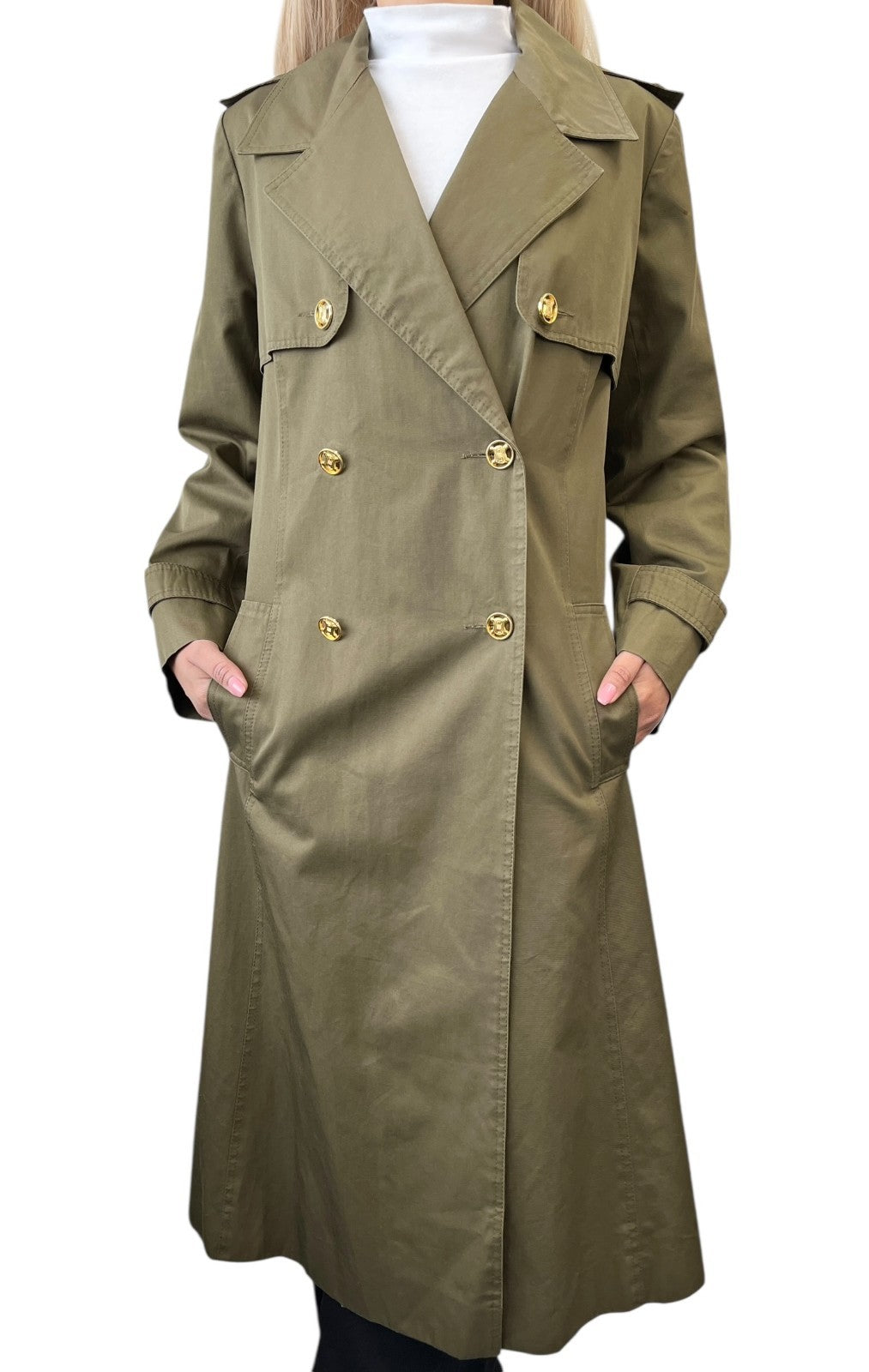 CELINE Vintage Macadam Logo Button Trench Coat Long Jacket Khaki Gold Cotton