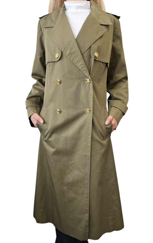 CELINE Vintage Macadam Logo Button Trench Coat Long Jacket Khaki Gold Cotton