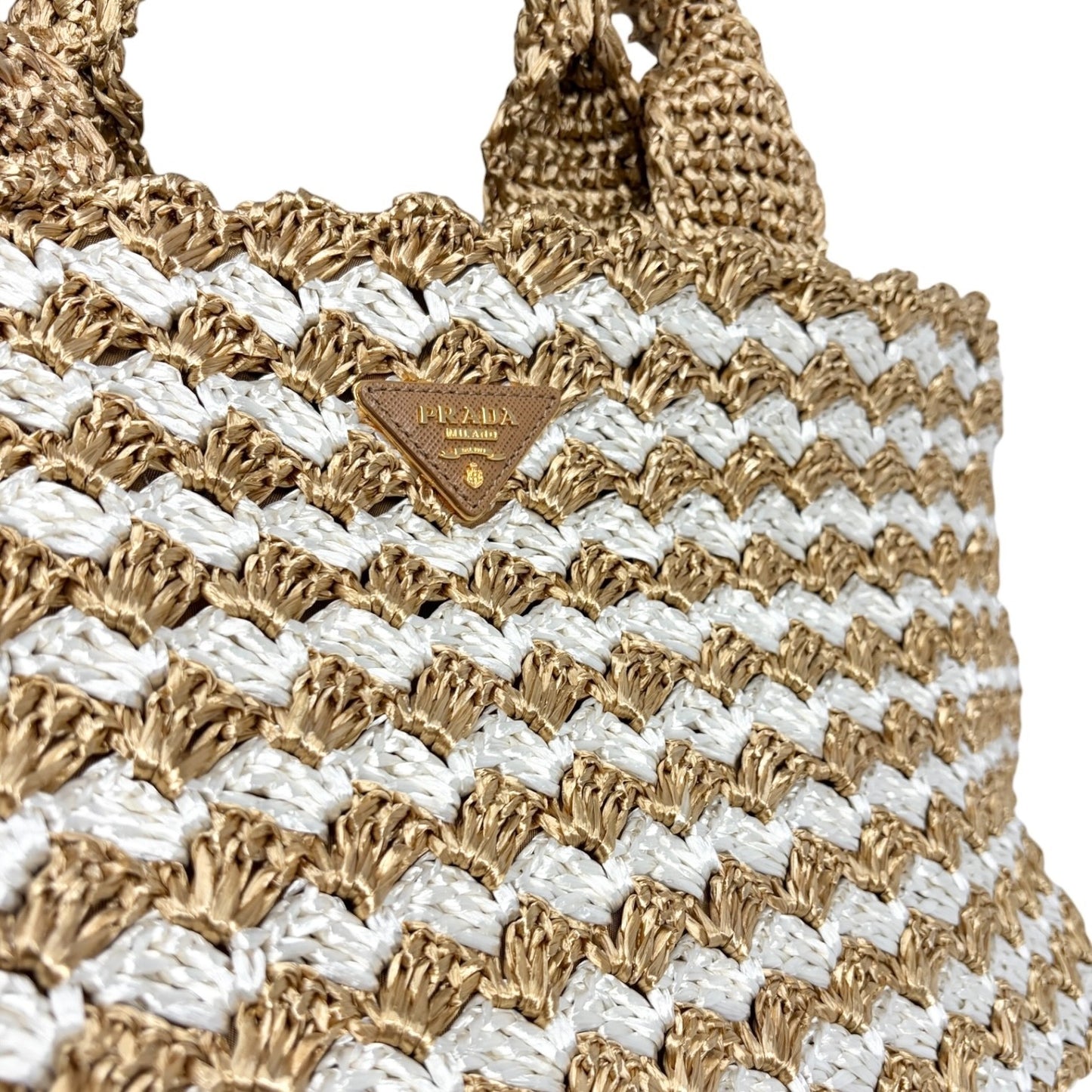 PRADA Vintage Triangle Logo Raffia Canapa Tote Bag Beige White Crochet
