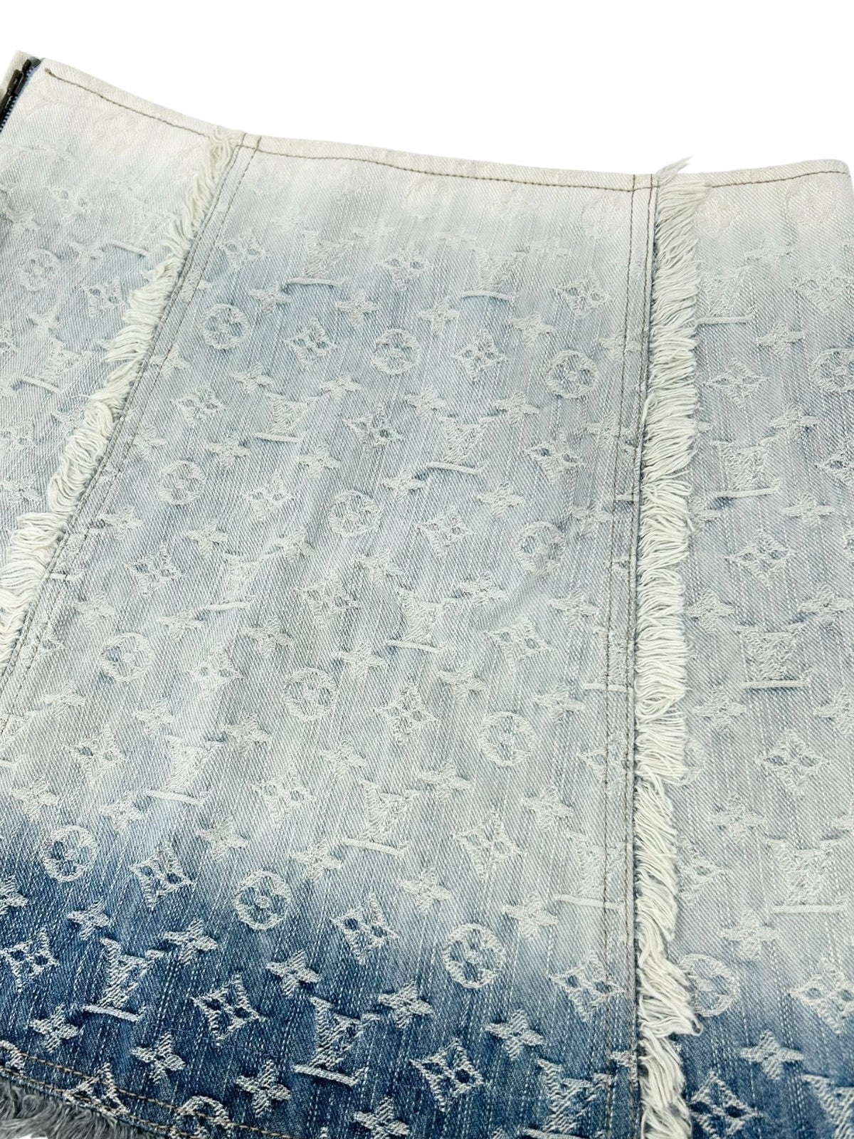 LOUIS VUITTON Vintage LV Monogram Denim Gradation Mini Skirt Fringe Blue Cotton