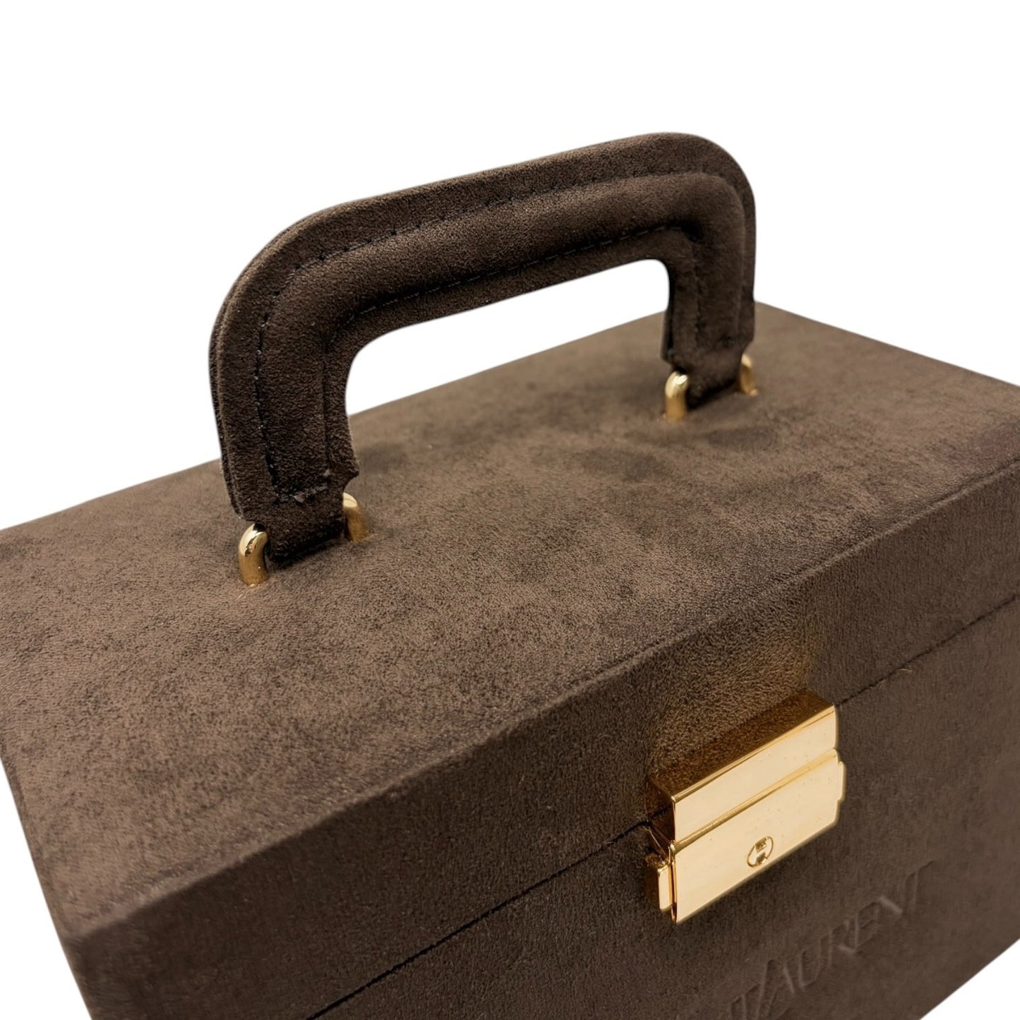 Yves Saint Laurent Vintage YSL Suede Vanity Cosmetic Box Bag Brown Gold 901833