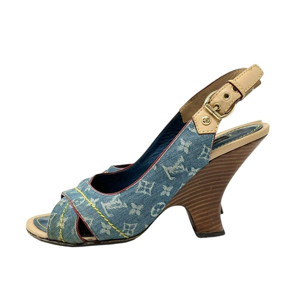 LOUIS VUITTON Vintage LV Logo Monogram Sandals #36.5-37 Blue Beige Denim Belt