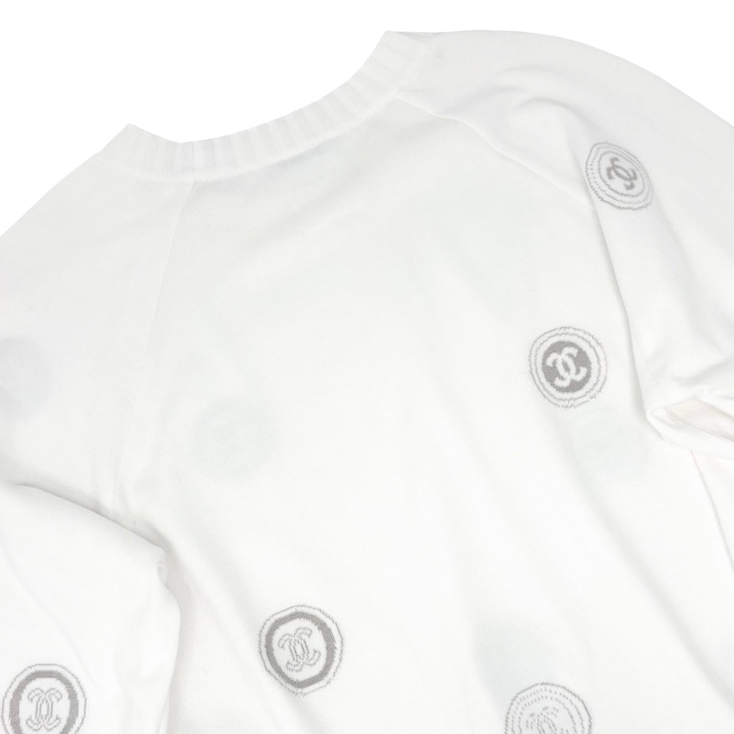 CHANEL Vintage 01P CC Stamp Logo Long Sleeve Shirt Top #38 White Greige 902431