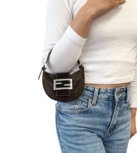 FENDI Vintage FF Logo Micro Croissant Suede Mini Bag Pochette Gray Brown Silver