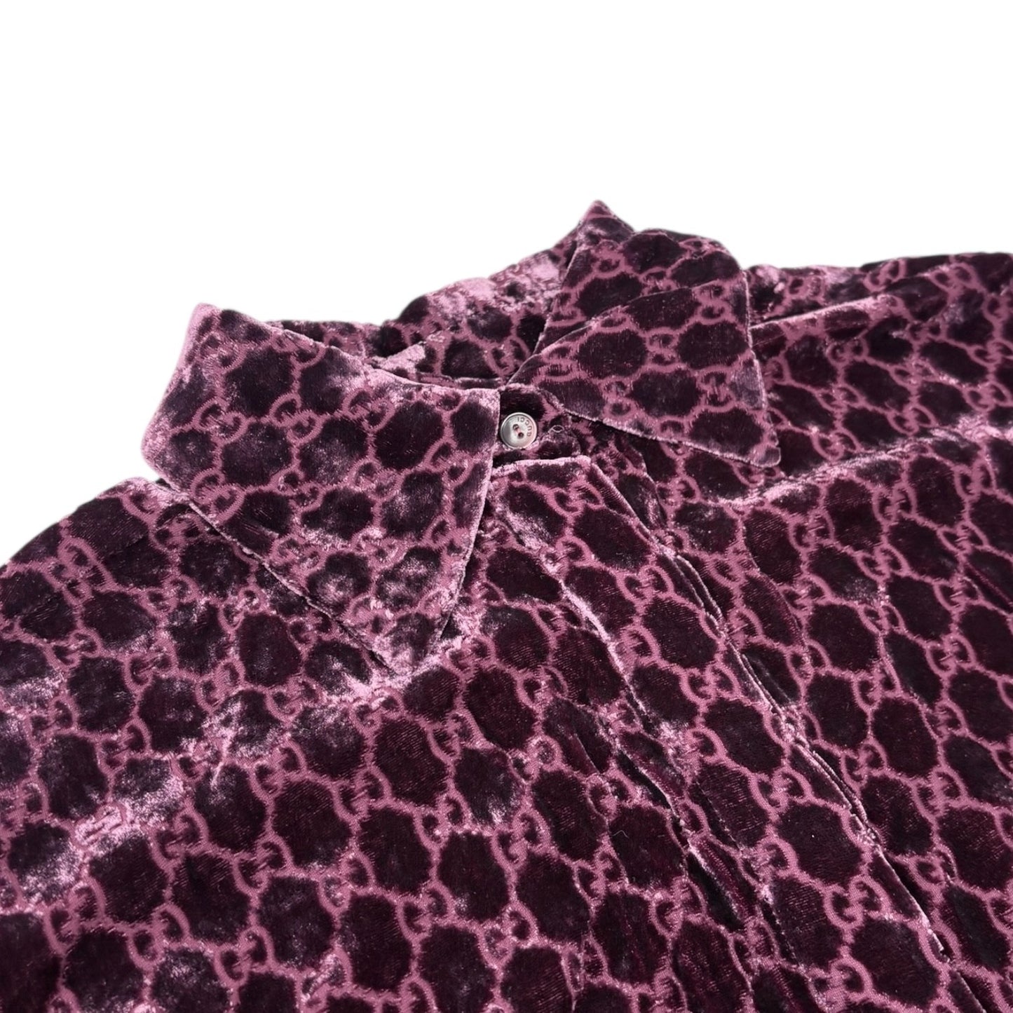 GUCCI Vintage GG Monogram Logo Velour Button Up Shirt Top Purple Silk