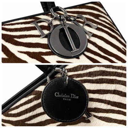 Christian Dior Vintage Logo Charm Zebra Pony Calf Hair Handbag Black 902383