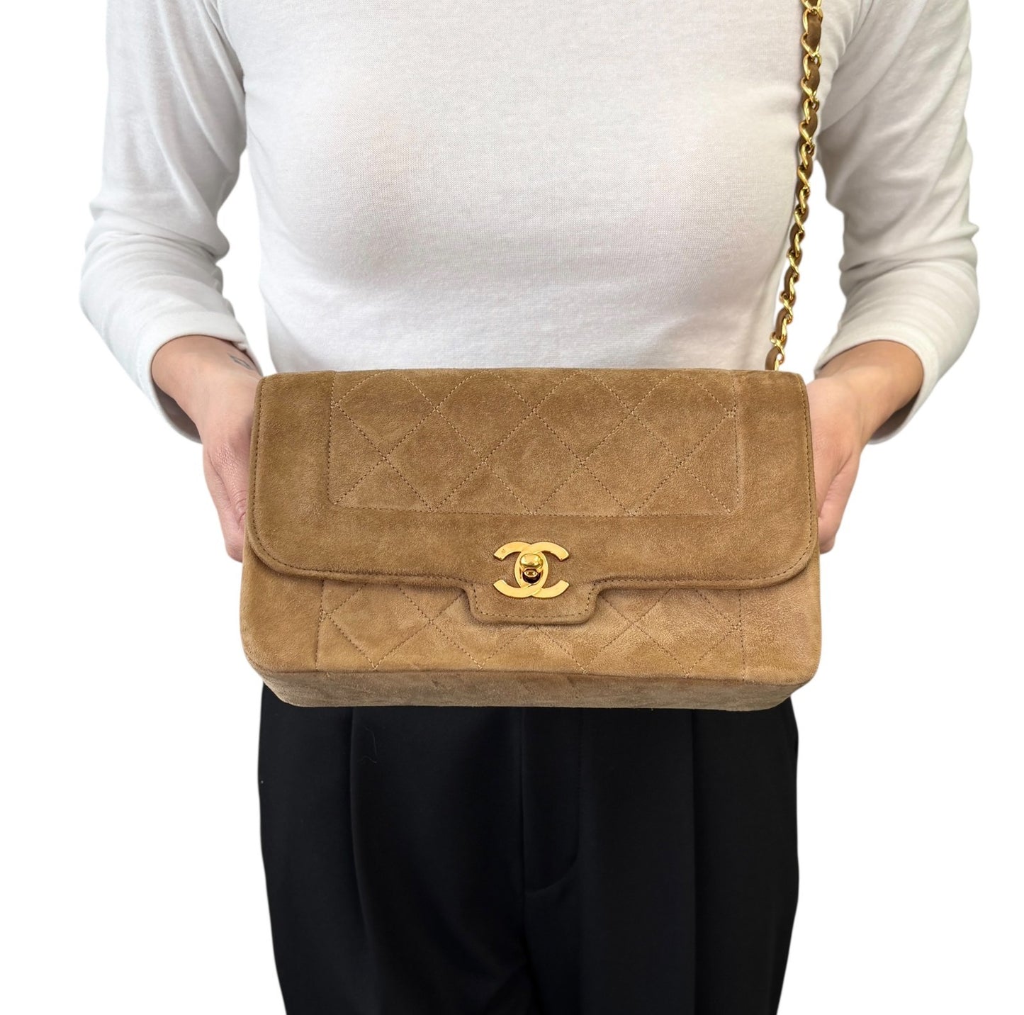 CHANEL Vintage CC Logo Turnlock Quilted Suede Flap Bag Brown Gold