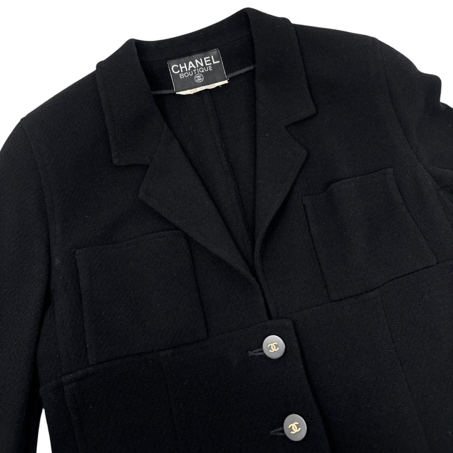 CHANEL Vintage CC Logo Button Long Jacket Top Black Gold Wool Pocket Collar