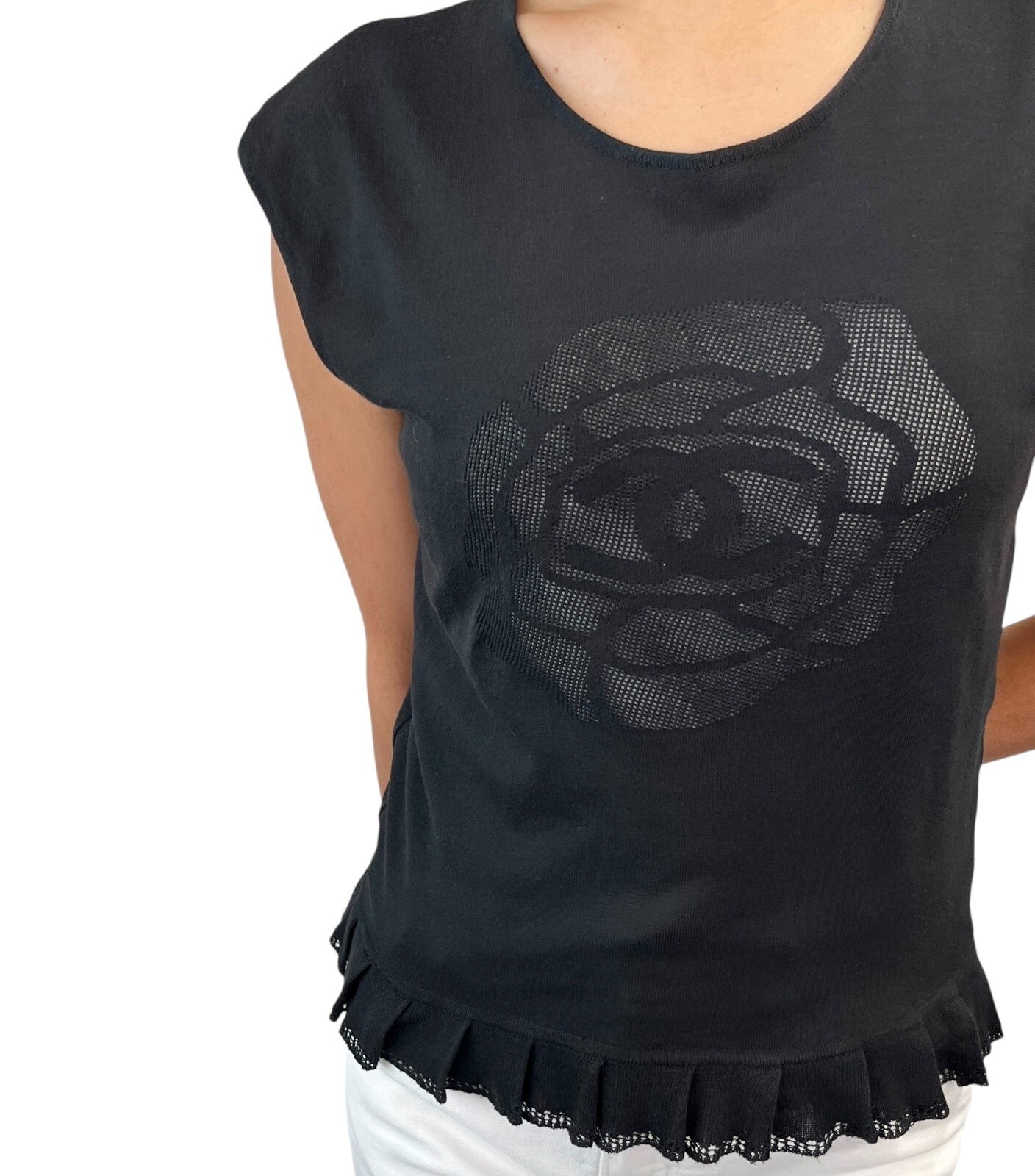 CHANEL Vintage 01P CC Camellia Logo Knit Sleeveless Top #38 Black Cotton Flower