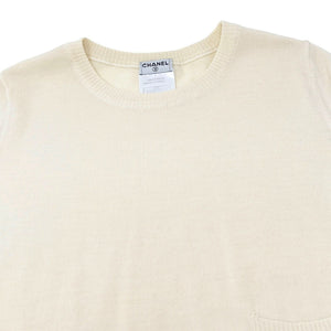 CHANEL Vintage 05A CC Mark Logo Knit T-shirt Top #36 Pocket Cream Wool Rank AB+