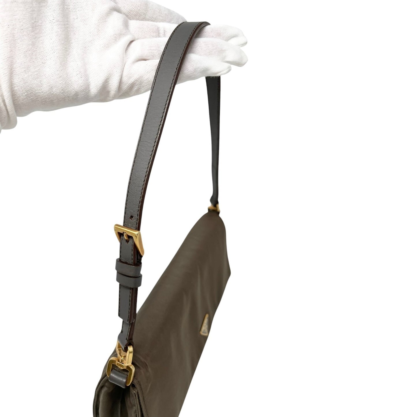 PRADA Vintage Triangle Logo Tessuto Shoulder Bag Khaki Gold Nylon 106543