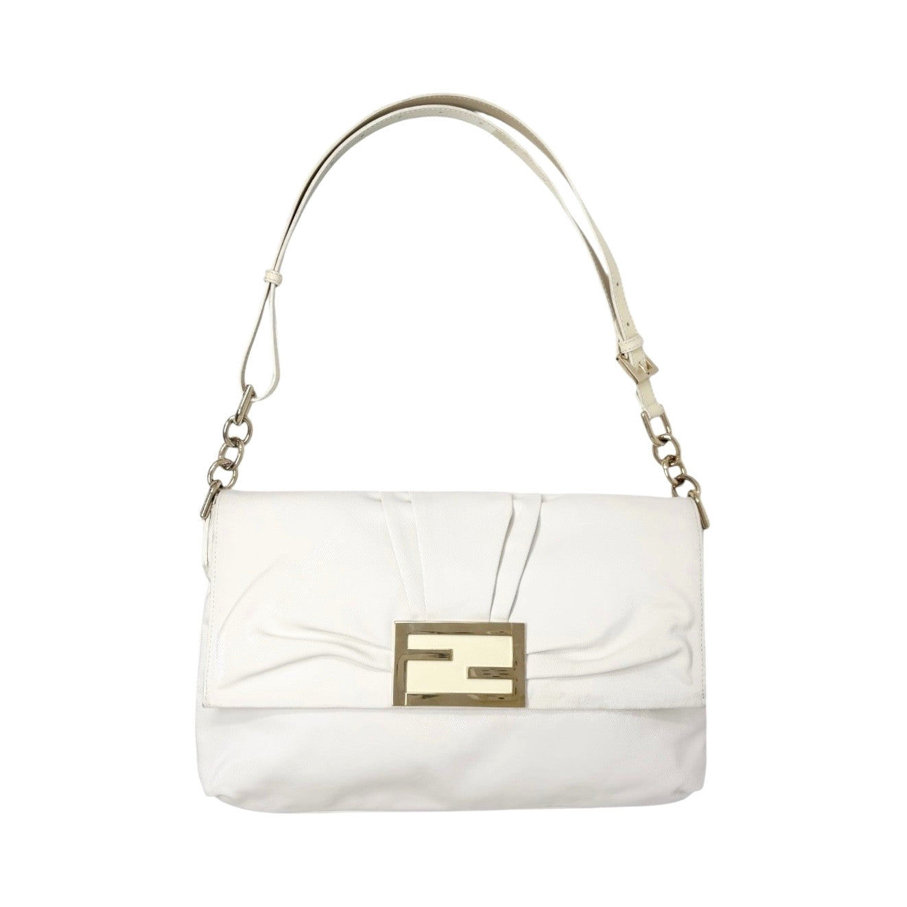 FENDI Vintage FF Logo Mia Mamma Flap Shoulder Bag White Gold Leather Cotton