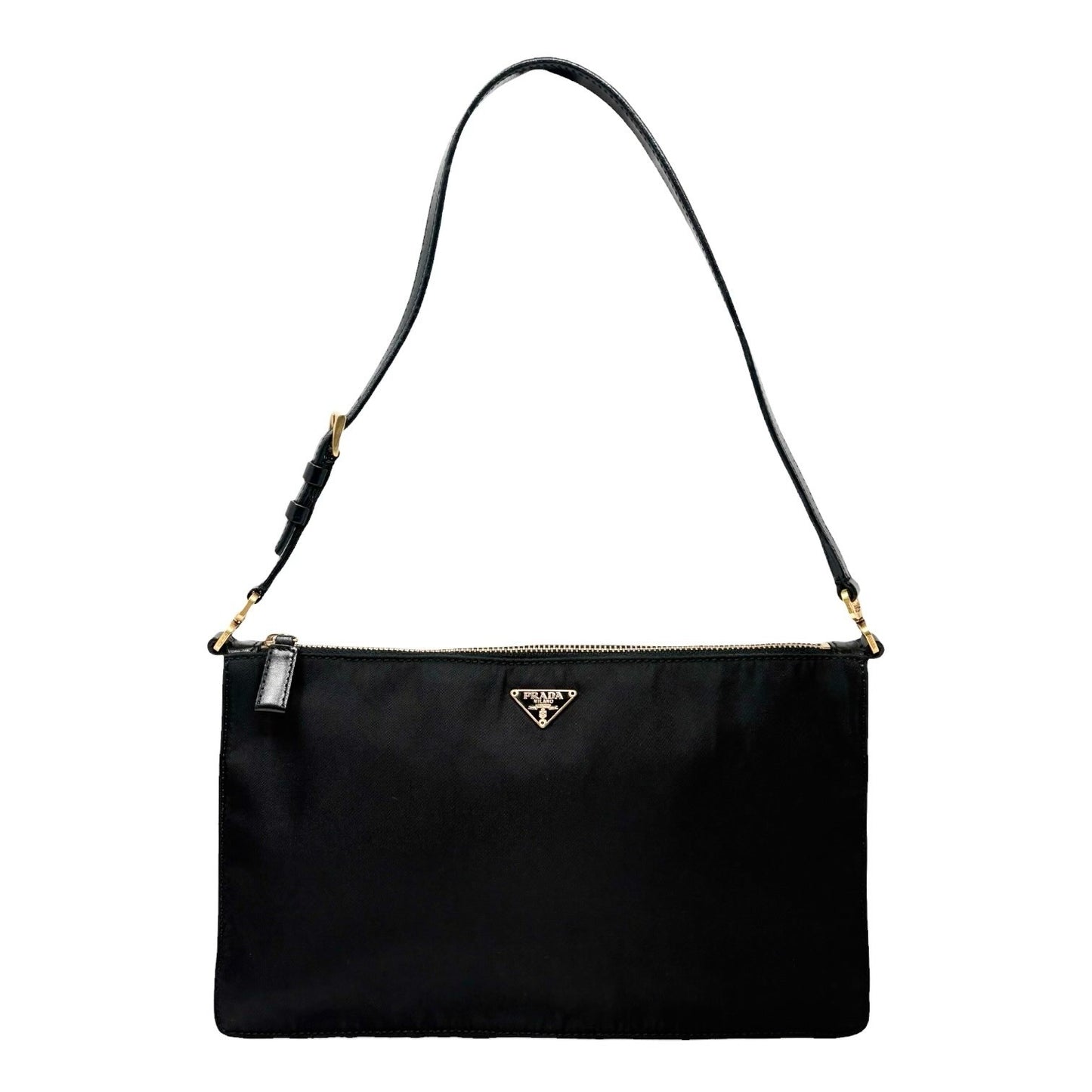 PRADA Vintage Triangle Logo Tessuto Nylon Mini Shoulder Bag Black Gold Leather