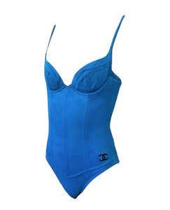 CHANEL Vintage CC Logo Swimwear Swimsuits #36 One-piece Blue Black Nylon RankAB