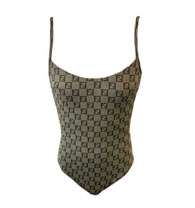 FENDI Vintage Zucchino FF Monogram Swimsuit #42 Swimwear Khaki Nylon RankAB+