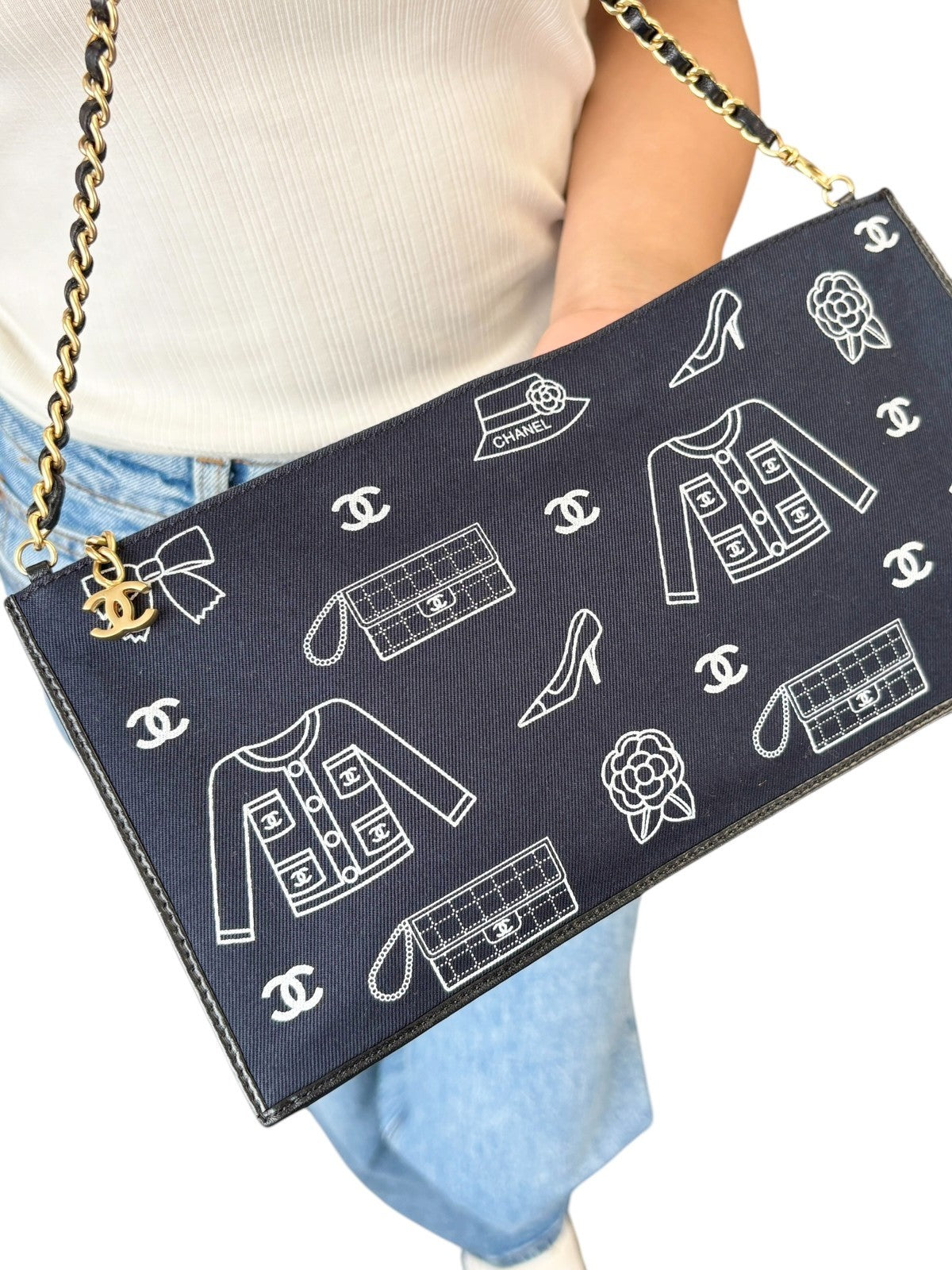 CHANEL Vintage CC Logo Icon Print Canvas Shoulder Bag Pochette Dark Blue Chain