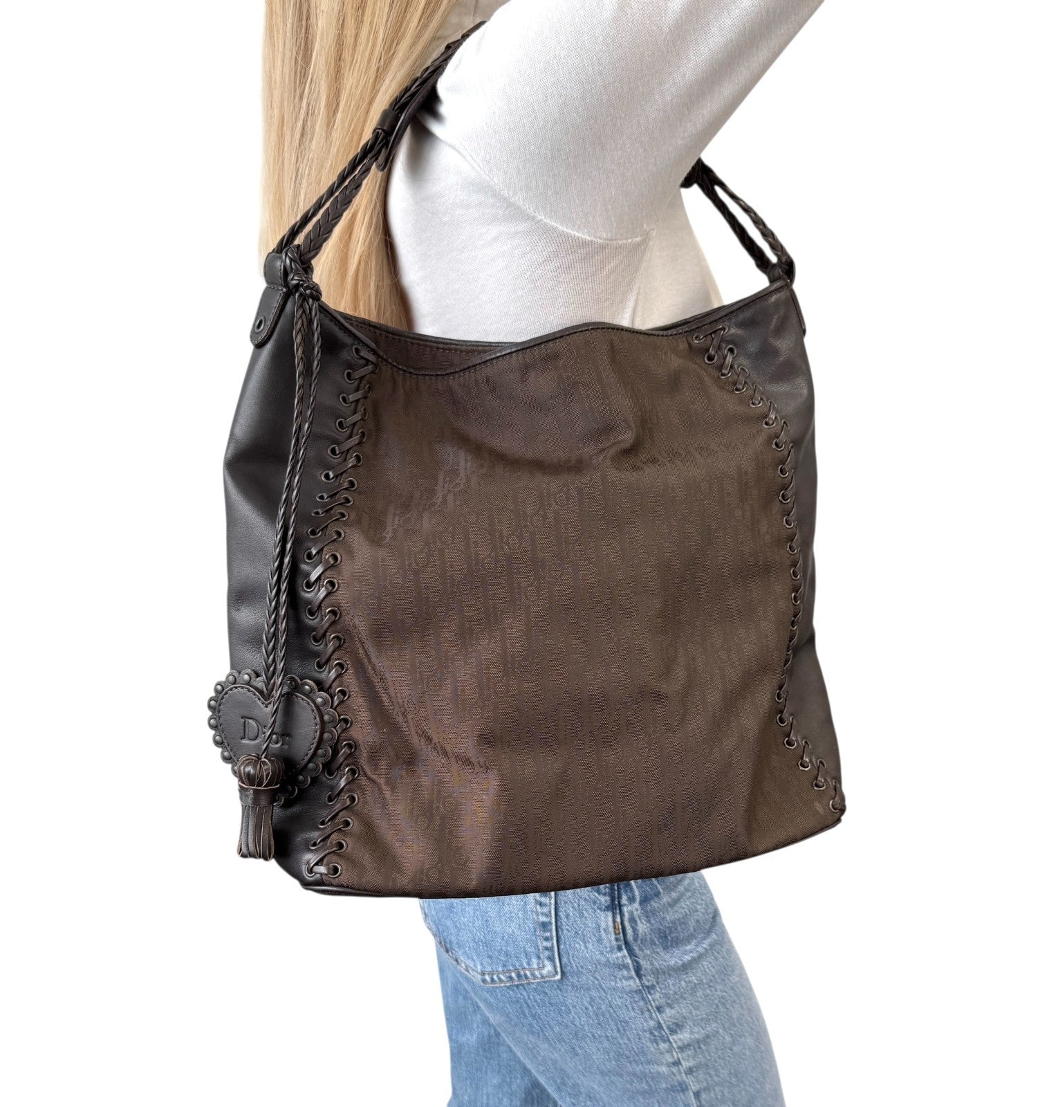 Christian Dior Vintage 2007 Logo Trotter Monogram Tote Bag Heart Brown Leather