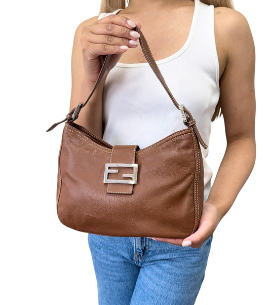 FENDI Vintage FF Logo Mamma Baguette Shoulder Bag Brown Silver Leather 902448