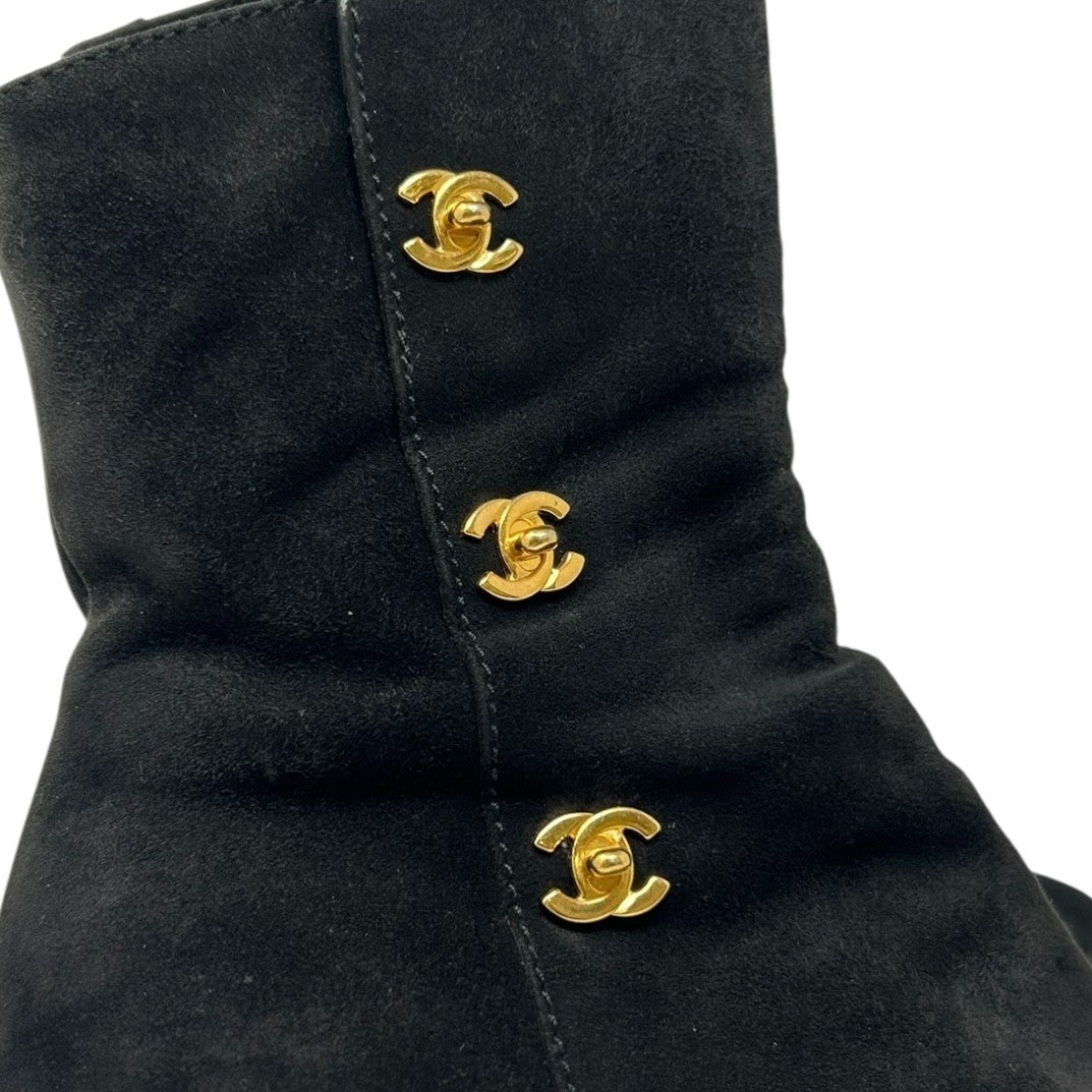 CHANEL Vintage CC Logo Turnlock Ankle Boots Heels #36.5 Black Suede Leather