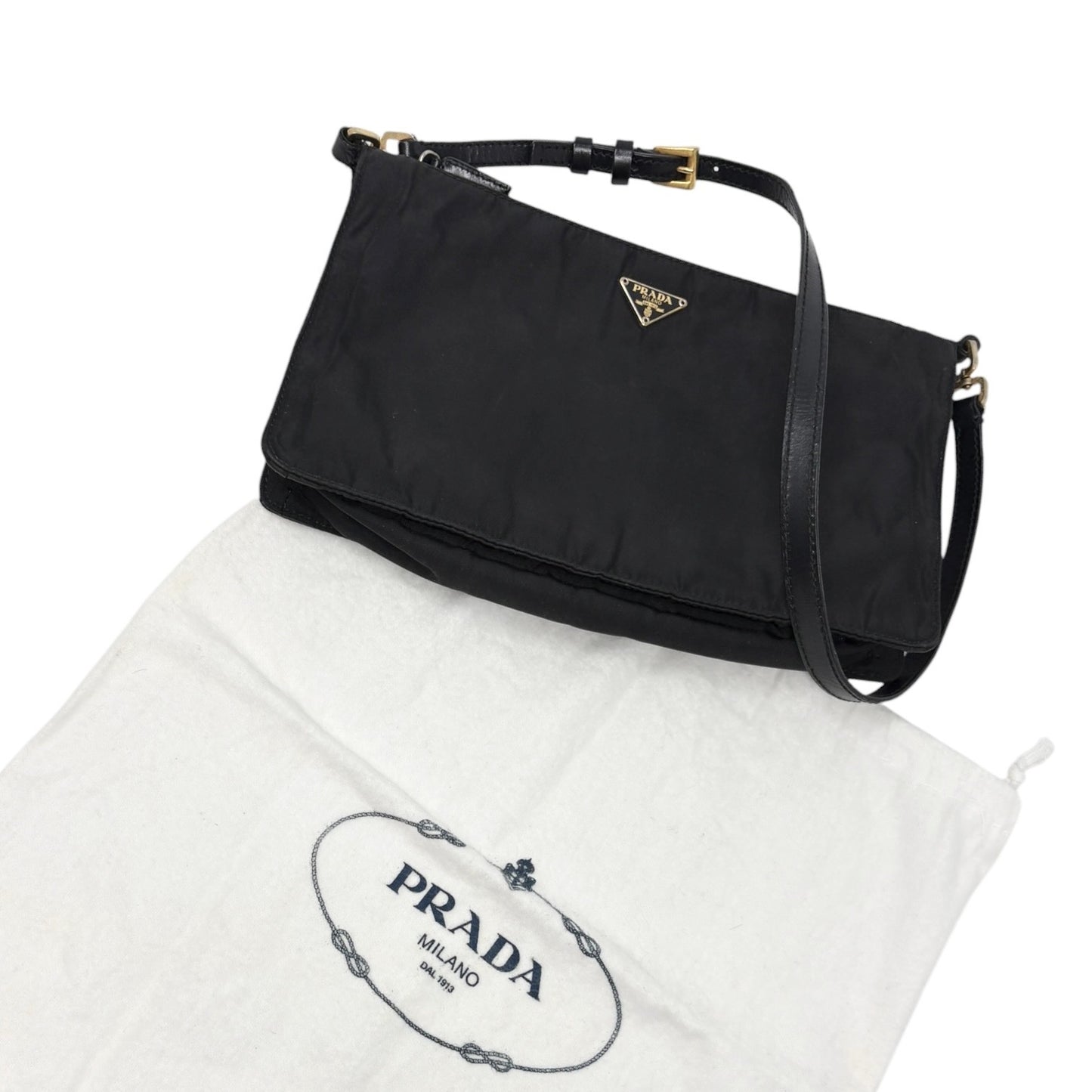 PRADA Vintage Triangle Logo Tessuto Nylon Mini Shoulder Bag Black Gold 902301
