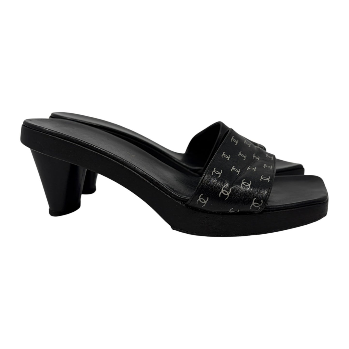 CHANEL Vintage CC Logo Open Toe Sandals Mule Heels #36 Black White Leather