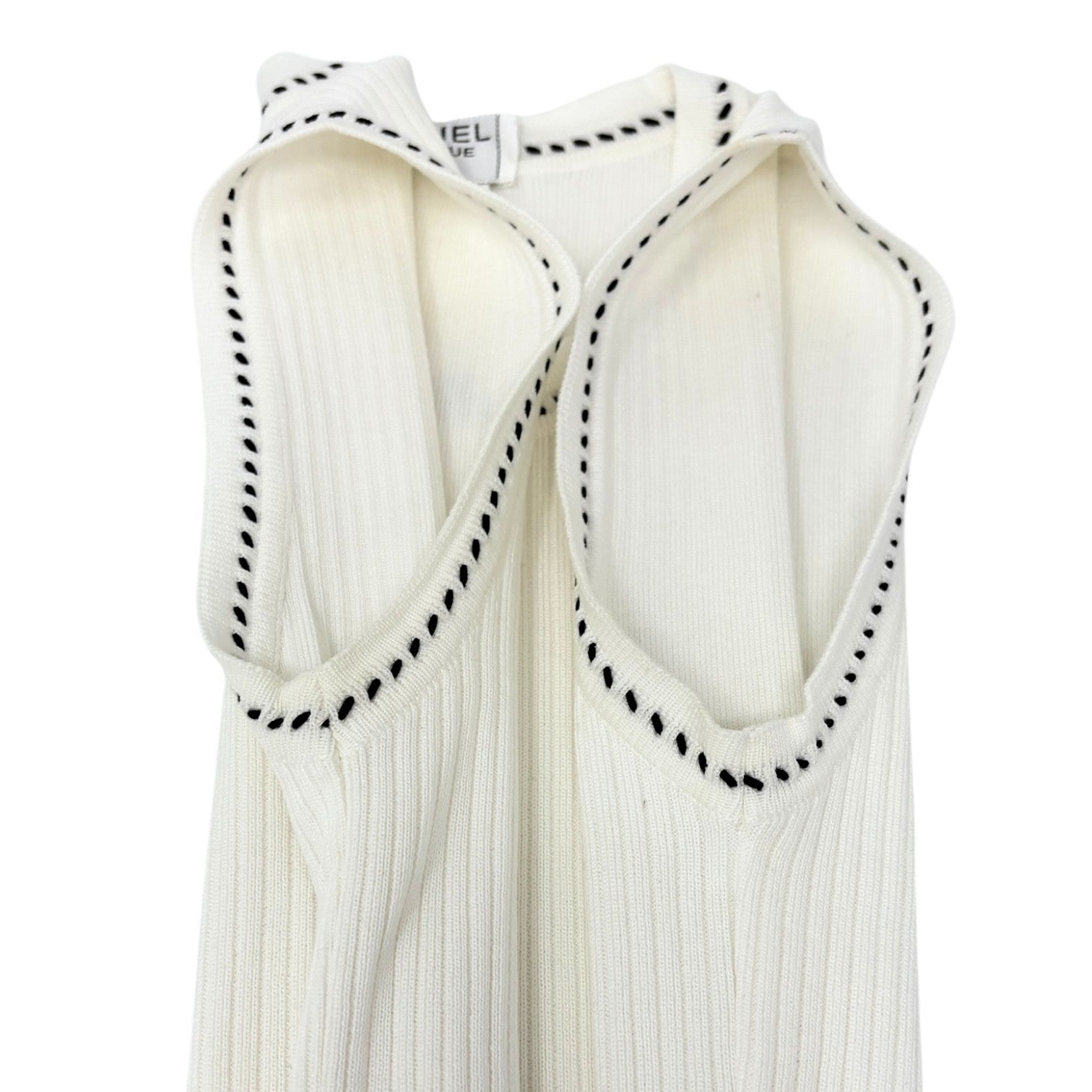 CHANEL Vintage 96P CC Mark Logo Knit Tank Top #42 White Black Cotton Stitch